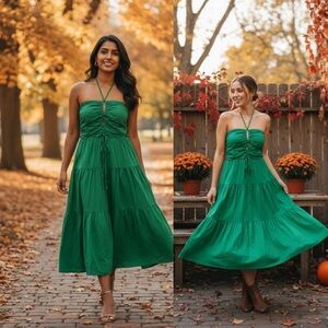 Jason Wu green cut out front halter midi dress smocked back size medium